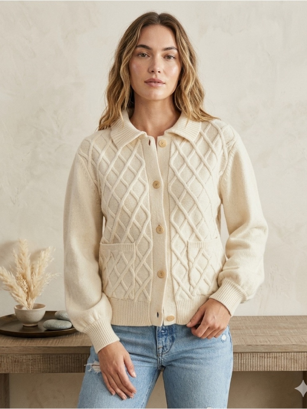 Ciao Lucia Tomayo Cardigan Ivory 100% Merino Wool Cable Knit NWT XS